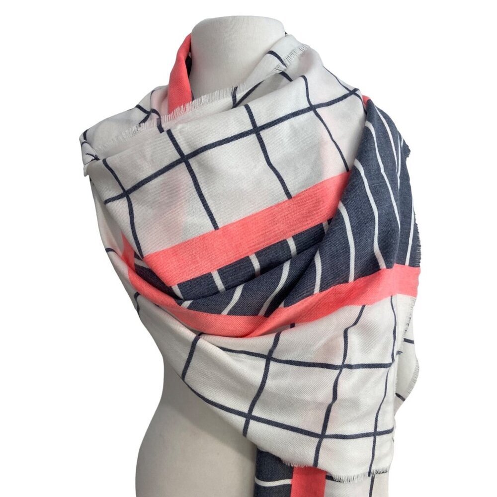 J.Crew Womens Grid & Stripe Ruana Scarf wrap With Coral Accent Polyester/Viscose